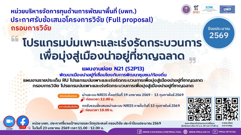 ประกาศรับข้อเสนอโครงการวิจัยฉบับสมบูรณ์ (Full proposal) ของกรอบการวิจัย “โปรแกรมบ่มเพาะและเร่งรัดกระบวนการเพื่อมุ่งสู่เมืองน่าอยู่ที่ชาญฉลาด” ประจำปีงบประมาณ 2569