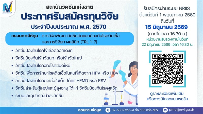 ประกาศสถาบันวัคซีนแห่งชาติ เรื่อง รับสมัครทุน ปีงบประมาณ พ.ศ. 2570 