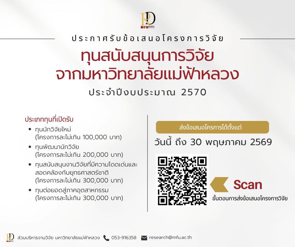 มหาวิทยาลัยแม่ฟ้าหลวง ได้จัดสรรเงินทุนสนับสนุนการวิจัย ประจำปีงบประมาณ พ.ศ. 2570 เพื่อสนับสนุนการดำเนินงานวิจัย สำหรับนักวิจัยและคณาจารย์ มหาวิทยาลัยแม่ฟ้าหลวง!