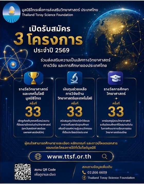 เปิดรับสมัคร 3 โครงการส่งเสริมวิทยาศาสตร์ ประจำปี 2569 จากมูลนิธิโทเรเพื่อการส่งเสริมวิทยาศาสตร์ ประเทศไทย