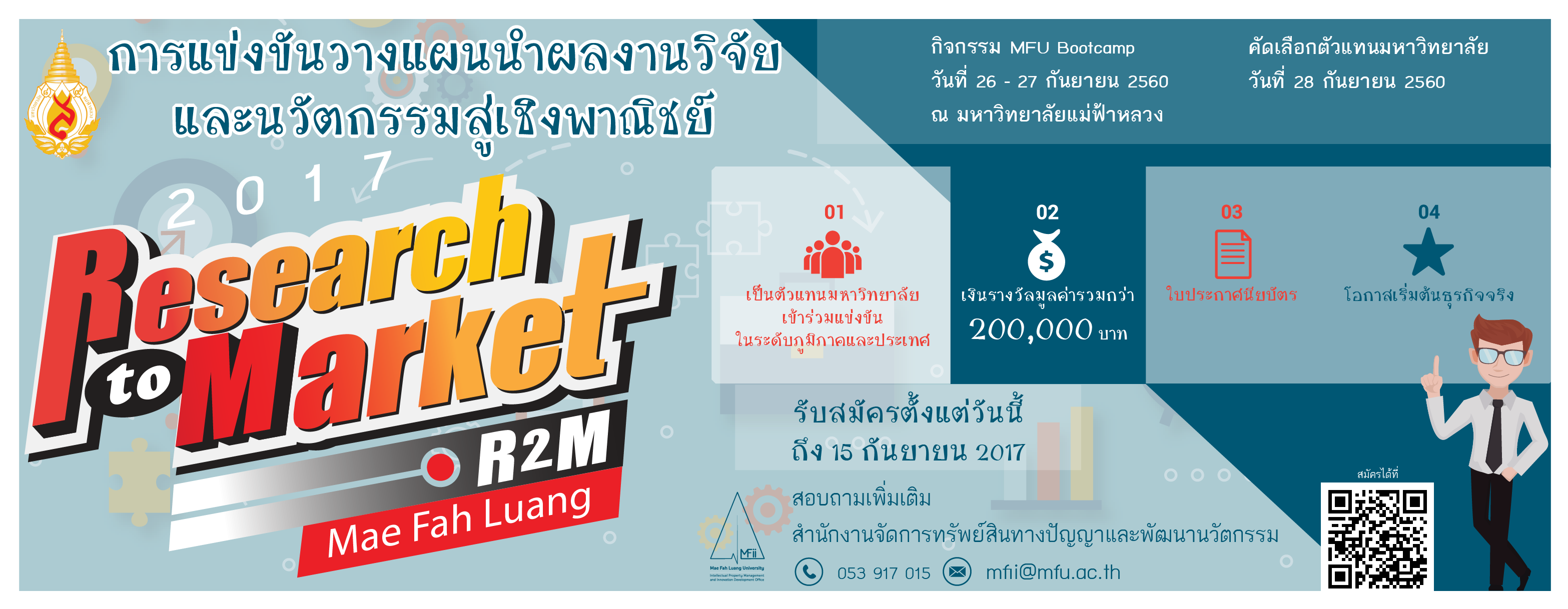 สำนักงานจัดการทรัพย์สินทางปัญญาและพัฒนานวัตกรรม (MFii) เปิดรับสมัครนักศึกษาเข้าร่วมการแข่งขันโครงการ 'เส้นทางสู่นวัตวณิชย์ (Research to Market – R2M) ประจำปี 2560'